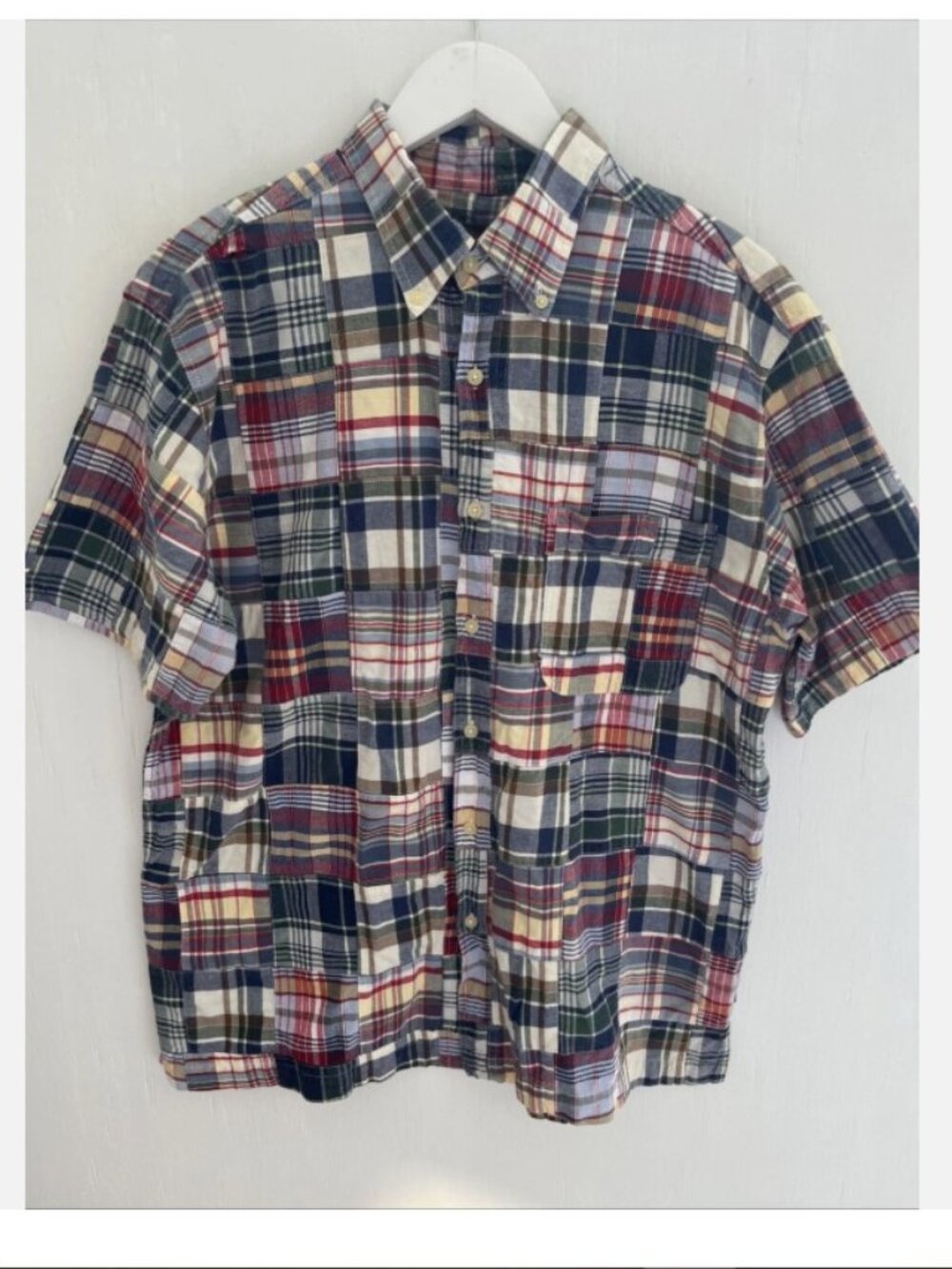 WEATHERPROOF Vtg Madras Plaid Patchwork Button up Shirt Short Sleeves Men Size L